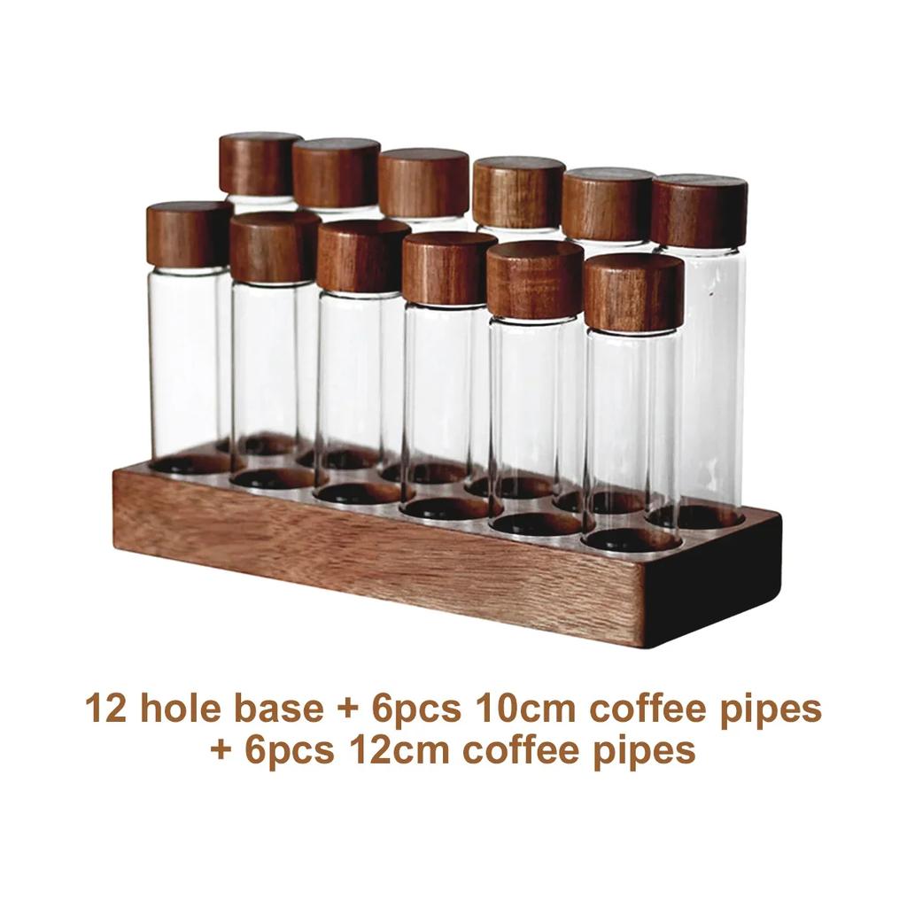 Coffee Bean Storage Tubes with Wooden Stand and Lids, Dosing Glass Vials for Coffee Storage, Espresso Bean Canisters Cellars Set