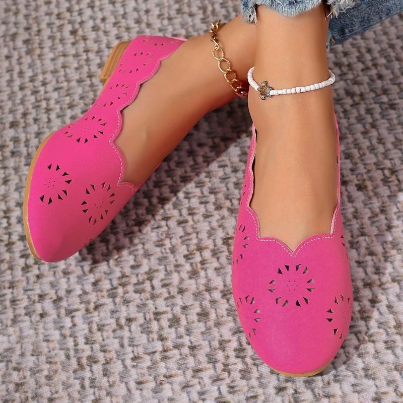 Soft Sole Single Shoes Women's Round Toe Shallow Mouth Breathable Cut-out Slip Comfortable Flat Casual Shoes