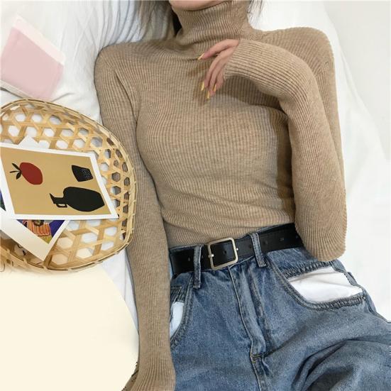 Women Knitting Tops Turtleneck Long Sleeve Solid Color Bottom Sweater Slim Fit Knitting Pullover Tops Autumn Winter Wear