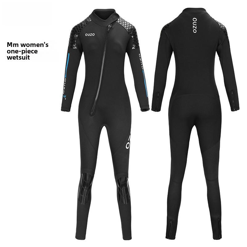 3mm OUZO Unisex Long-Sleeve Diving Suit - Warm, Thick, One-Piece for Winter Swimming, Surfing, Snorkeling, and Jellyfish Protection