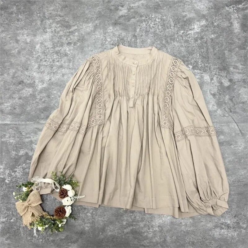 Johnature Fall Lace Panel Balloon Sleeve Long Sleeve Shirt Women Casual Mori Loose Autumn Female Tops Vintage Blouses
