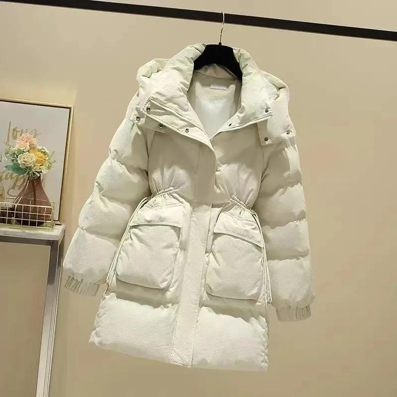 Women's Winter Thickened, Waist-Cinched, Slimming, Korean-Style Mid-Length Cotton Coat—Solid Color, Loose Fit, Large Pockets