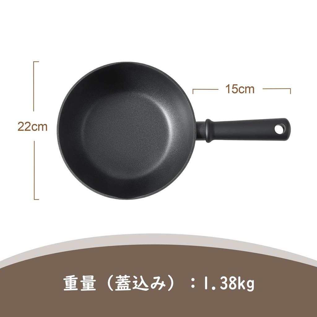 SENSARTE 22cm Wok, Chinese Wok, IH/Gas Compatible, Non-stick, PFOA-Free, with Lid, Deep Frying Pan, One-Year Warranty, Black