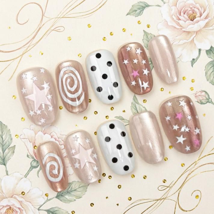 Korean Polka Dot Star Cat Eye Press-On Nails - Short Oval Stickers