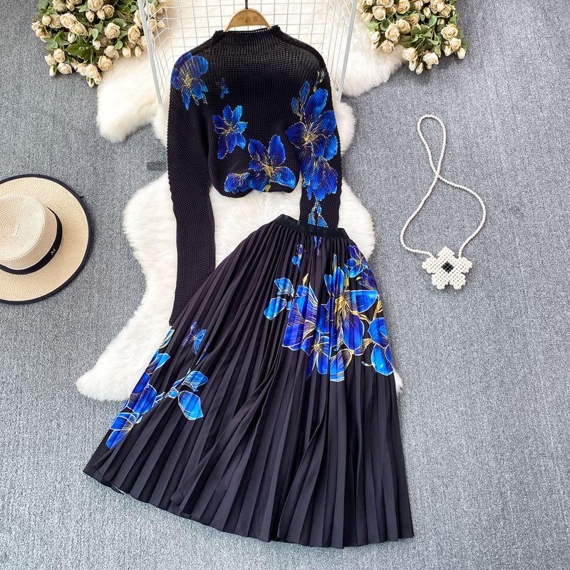 Sanzhai Ruched Celadon High Waist Skirt Fashion Suit