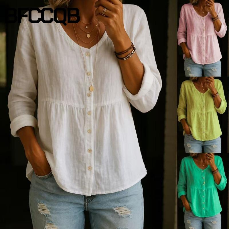 BFCCQB Modische, lässige Langarm-Blusen und Hemden mit V-Ausschnitt für Damen