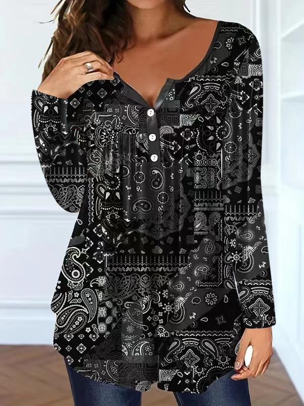 Elegant Plus Size Paisley V-Neck Button Top for Women