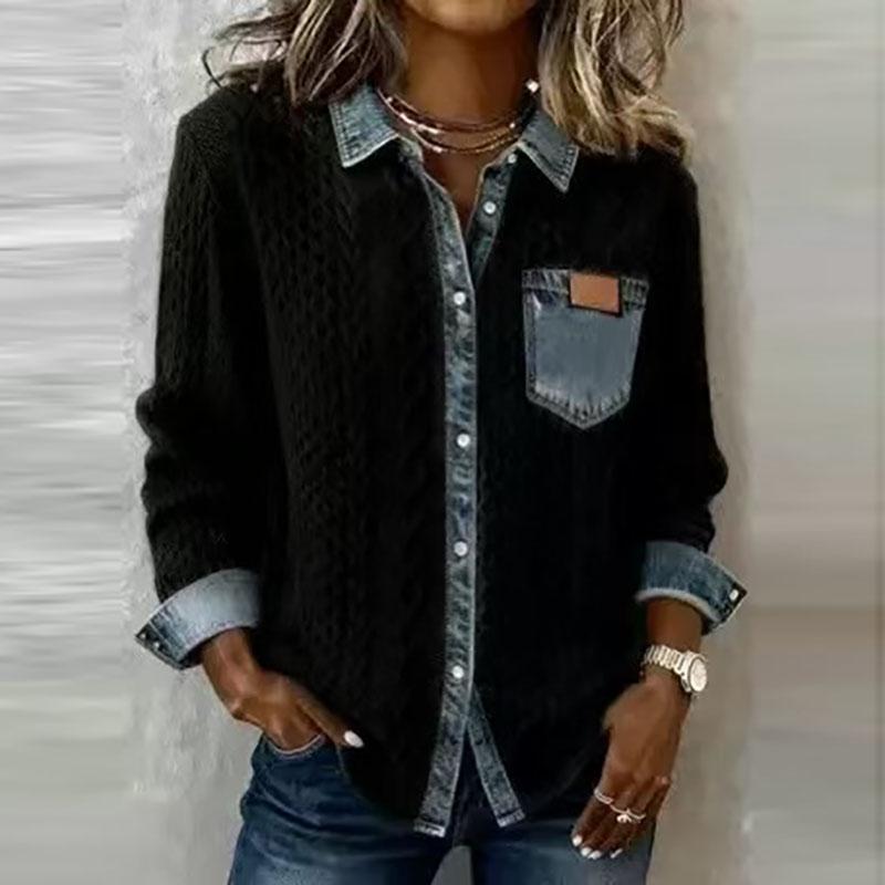 Women Denim Patchwork Knitted Sweater Turn-down Collar Button Top Cardigan Winter Long Sleeve Knitwear Shirt Outerwears Jackets