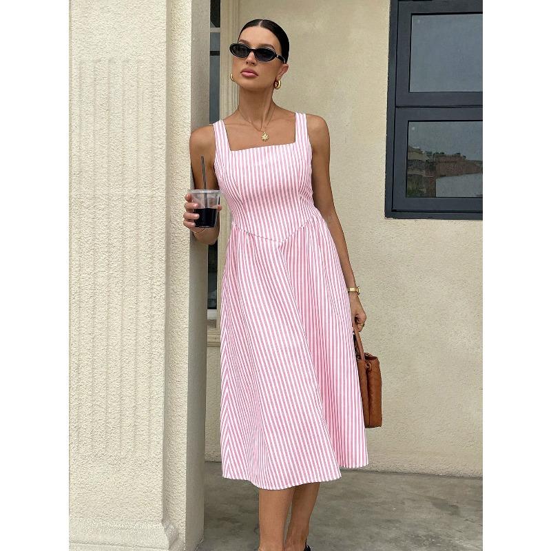YYFS Women's Fashion Summer Spring Stripe Print Sleeveless Square Collar High Waist Casual Dresses