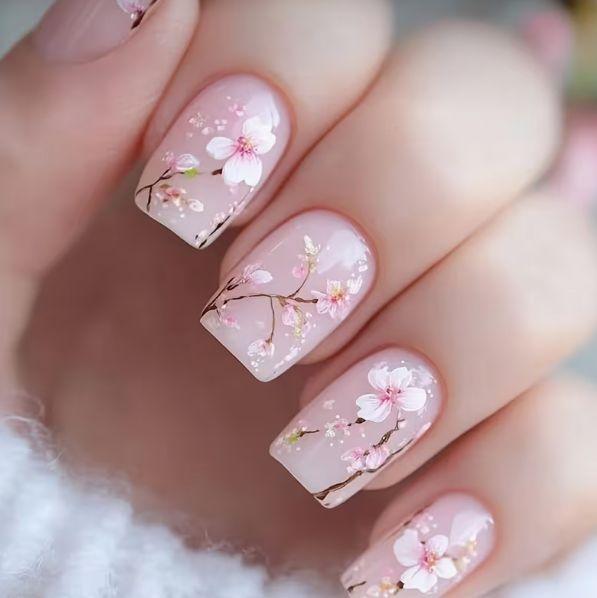 24 Nail Art Lente Klassieke Perzikbloesem Tak Zachte Wind Lichtroze Middel en Lang Vierkant Draagbare Nagels Jelly glue + rubbing strips*3pcs