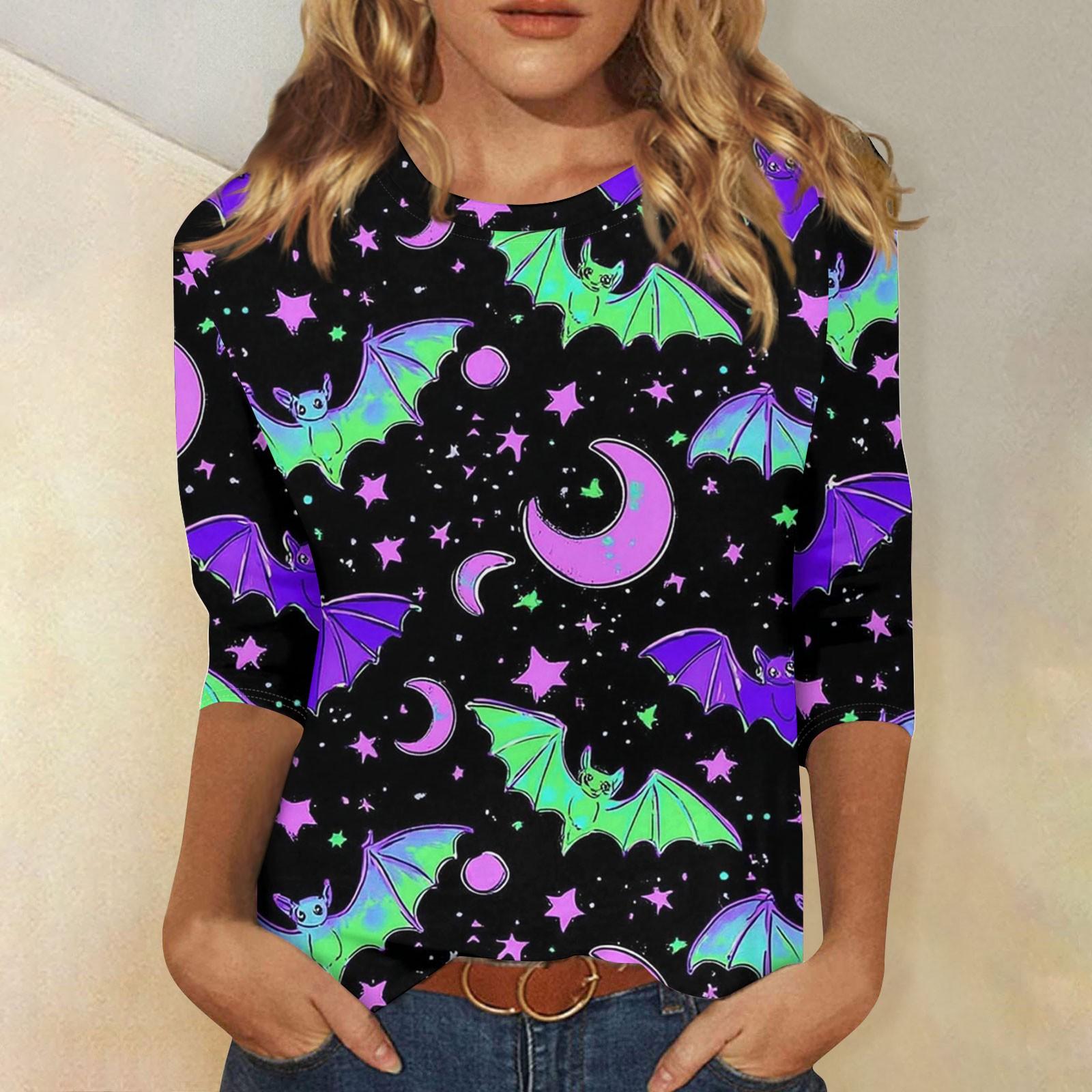

Женская модная повседневная футболка с рукавом три четверти и принтом на Хэллоуин, с круглым вырезом XL фиолетовый