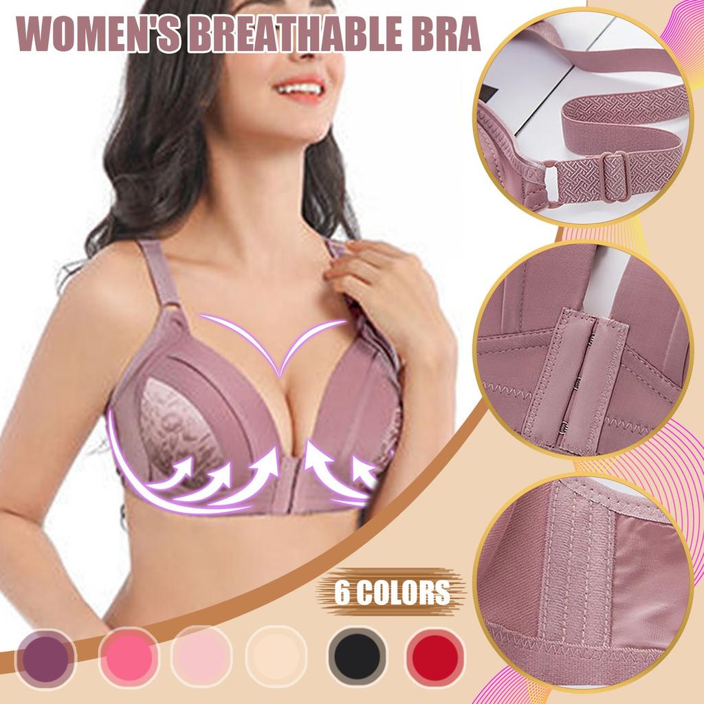 Women Fashion Comfortable Front Closure Bra Floral Pattern Supportive Design Adjustable Straps Soft Fabric Underwire-Free Style