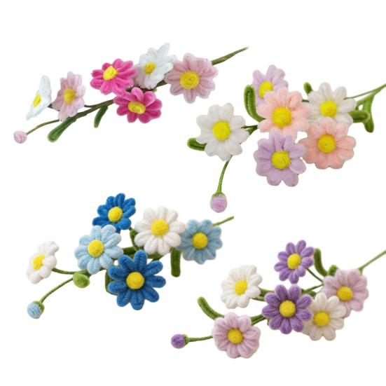 Handmade Pipe Cleaner Flower with Leaves 6 Head Finished Preserved Fake Flower Plush Twist Stick Floral Decoration Wedding Anniversary Mother's