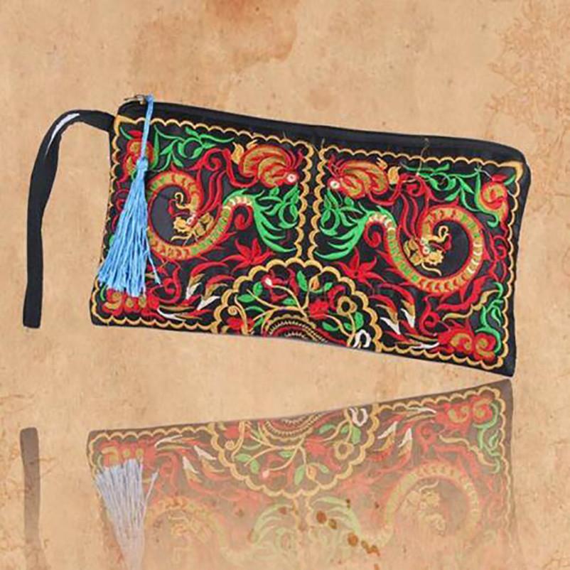 Ethnic Embroidered Long Wallet With Tassel Polyester Fabric Retro Style