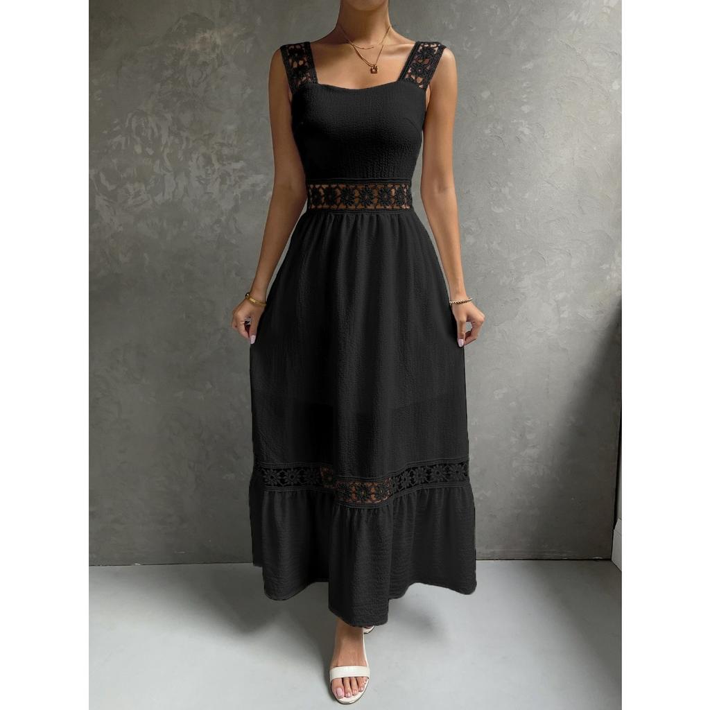 Abito midi da donna senza maniche con scollo quadrato, aderente a metà vita, tinta unita, pizzo traforato, patchwork, elegante, da commuting, estivo