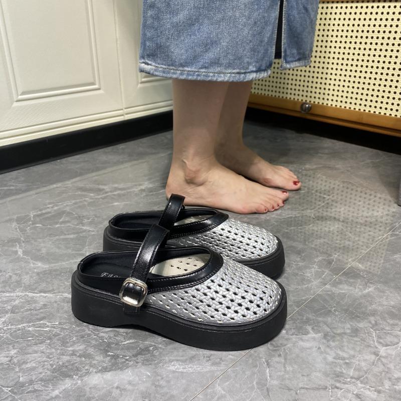 Going Out High-end Thick-soled Woven Hollow and Breathable Bag Head Half Slippers Women's New Summer One-pedal Sandals