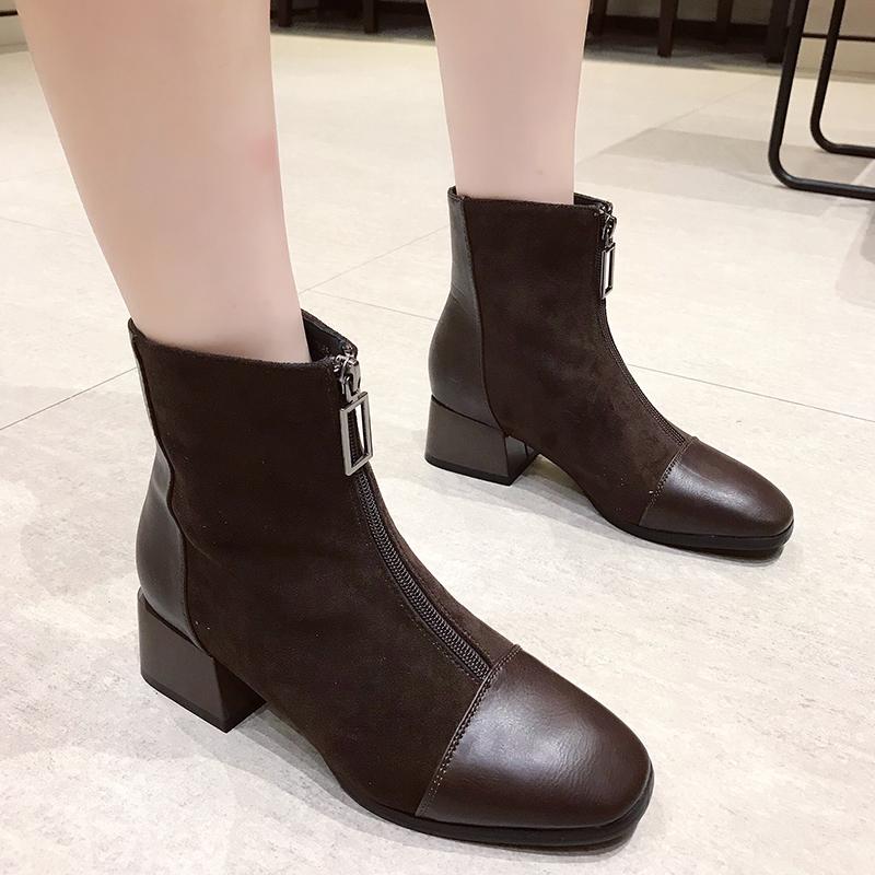 Women's Fashion Mid Boots Fashionable Boots with Front Zipper Thick Heel Suede Midsole Boots Leather Shoes Women's Shoes 35-40