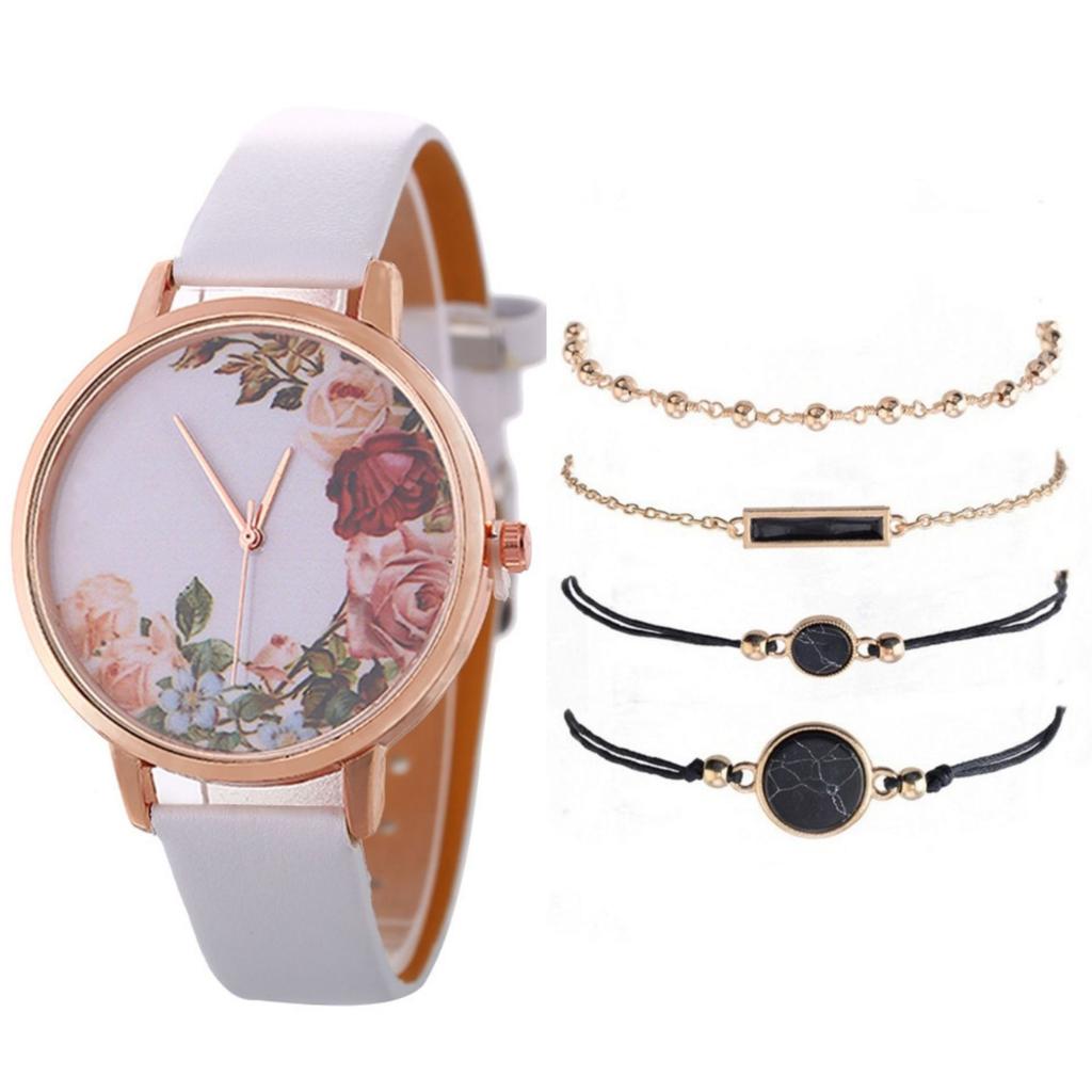Stylish And Simple Rose Face Leather Belt Watch Female Pu Belt Quartz Lady Watch Watch Bracelet Set Female