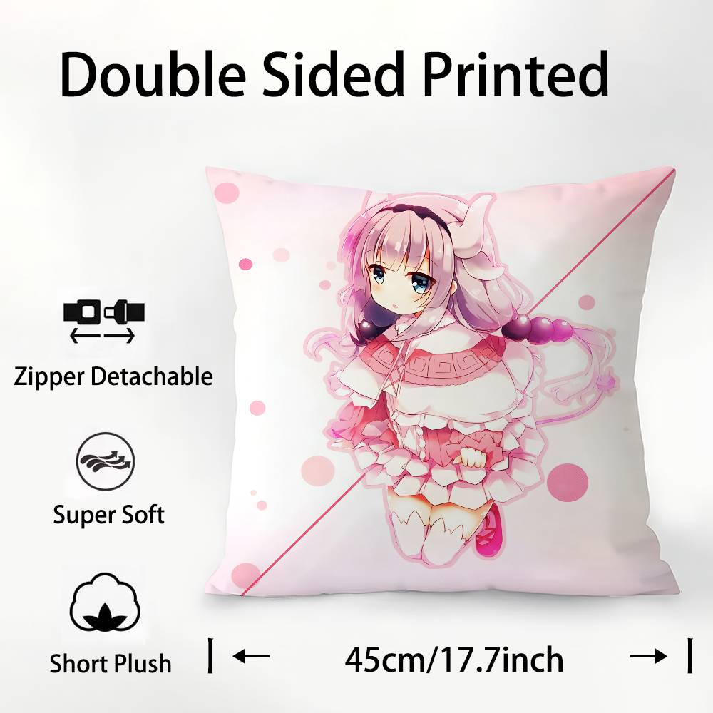 Anime Miss Kobayashis Dragon Kobayashi Kanna Pillow Case Square Double‑Sided Print Cushion Case For Sofa Home Bedchamber Decor
