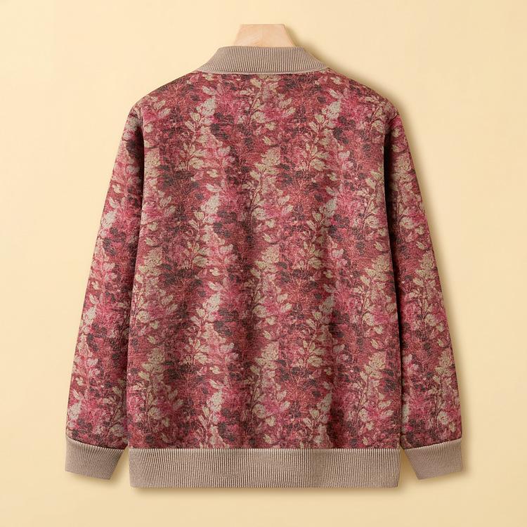 Autumn and Winter Round Neck Printing Plus Velvet Padded Knit Cardigan Women's Loose Casual Coat Middle-aged and Old New Mother's Dress