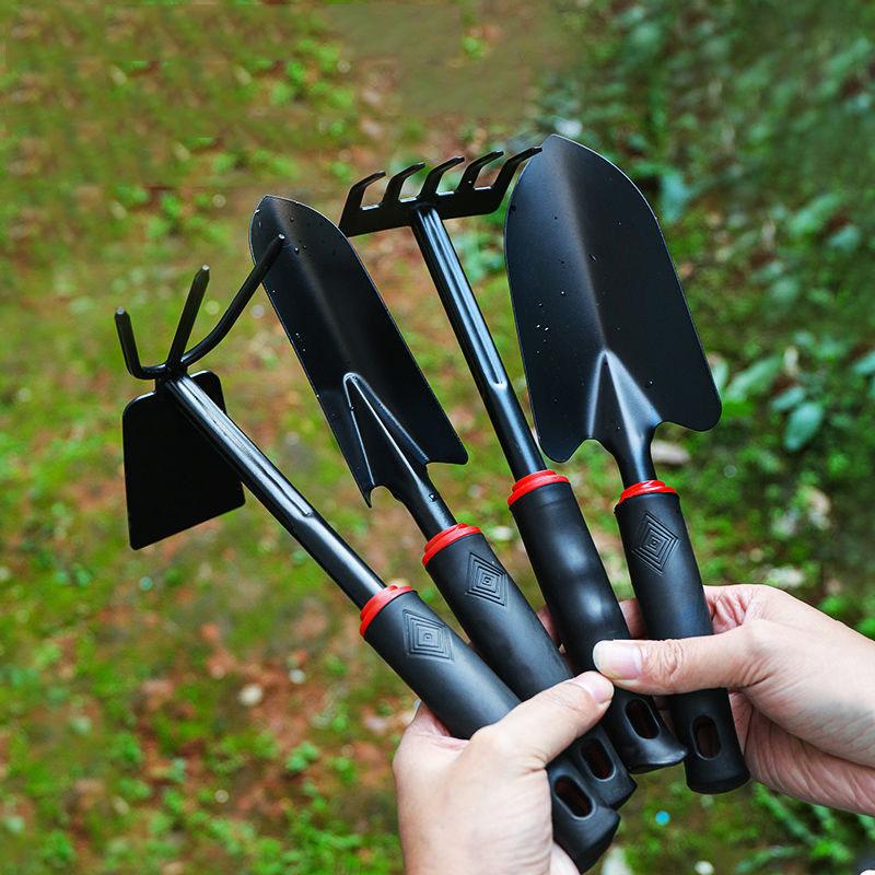 Rastrello a cinque denti con manico in gomma nera, set da quattro pezzi per giardinaggio, pala per fiori, zappa a doppio scopo, attrezzo da giardinaggio