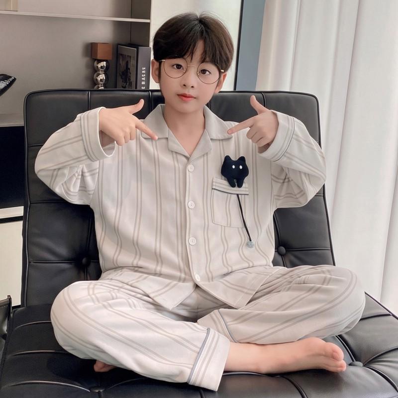 Boys Cotton Pajama Set Long Sleeve Open Front Cartoon Print Home Wear Kids Teens