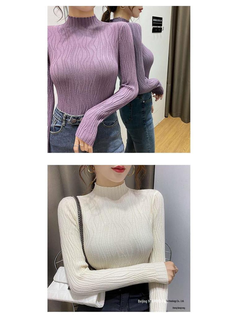 Autumn/Winter Women's Slim Fit Long-Sleeve Knitted Sweater with Semi-High Collar
