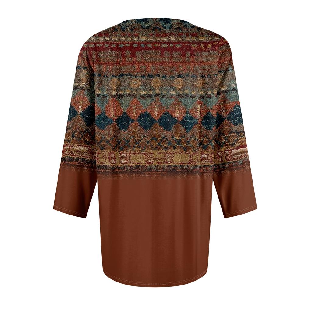Women's Casual Tops V Neck Pull Stripe Prints Seven Sleeve Tops