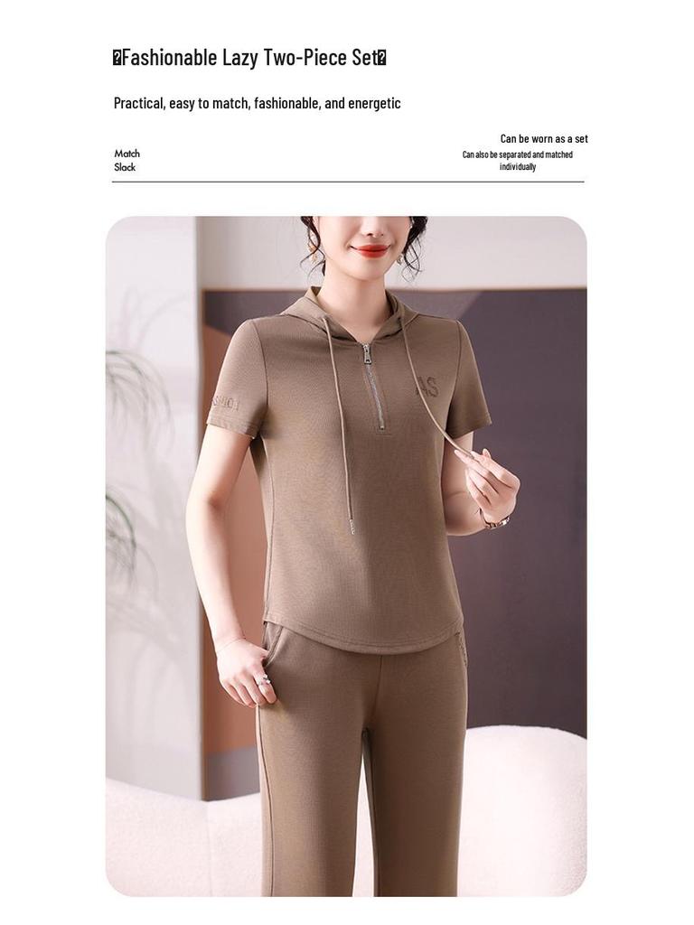 2026 Spring Casual Women's Half-Zip Hooded Sports Suit with Rhinestones - Two-Piece Set for Middle-Aged Moms