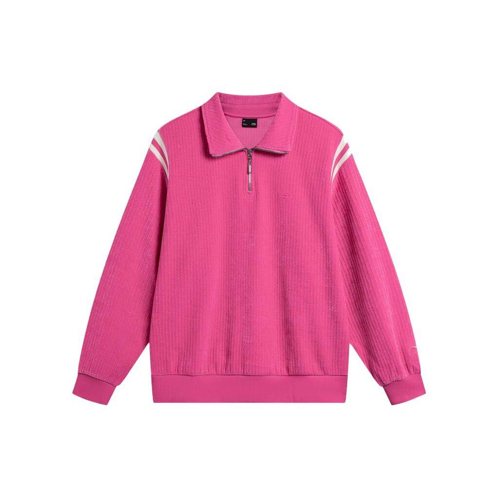 Li-Ning Color Block Polo Neck Loose Short Casual Sweatshirt Women Sweatshirt Bright-Pink AWDU040-2