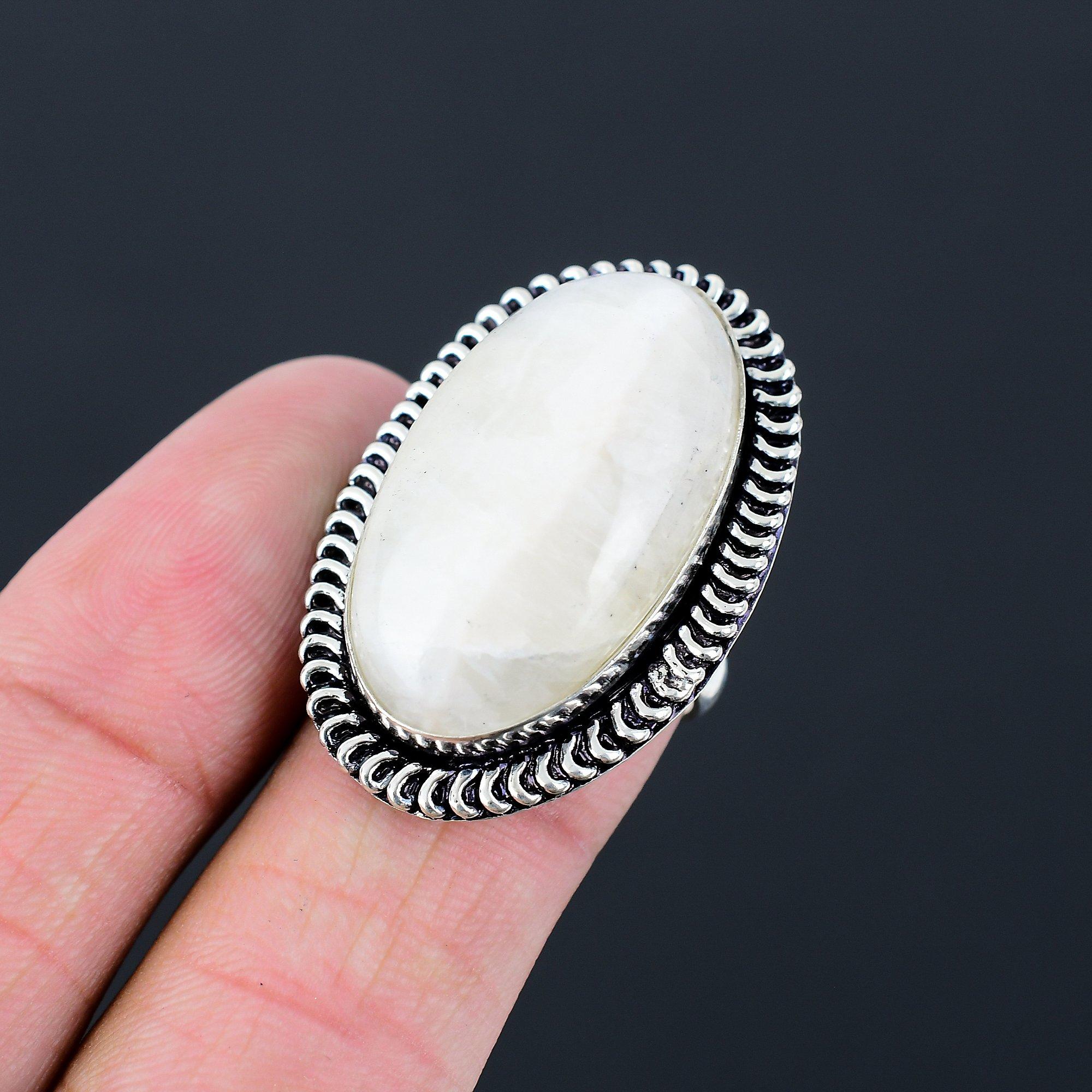 Womens day Sale 925 Silver Oval Rainbow Moonstone Stone Statement Ring Size 7.5 7.5