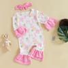 Rampersy dla dziewczynek ubranka wielkanocne królik marchewka pisanki nadruk falbanki długi rękaw wiosenne body z opaską