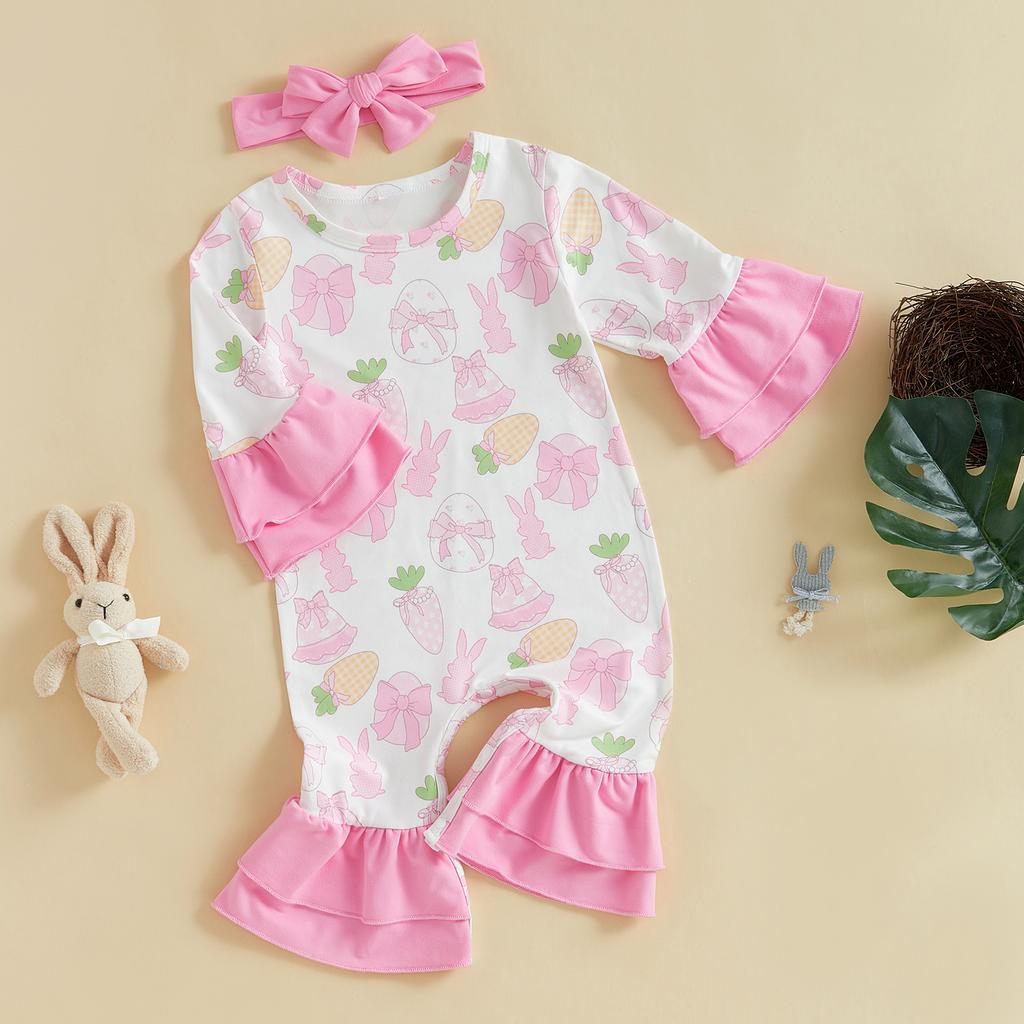 Rampersy dla dziewczynek ubranka wielkanocne królik marchewka pisanki nadruk falbanki długi rękaw wiosenne body z opaską