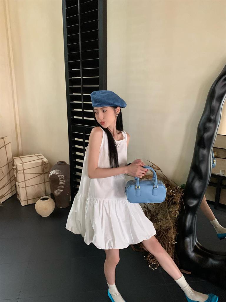 Women's Summer 2025 French White Sleeveless Camisole Dress with Flower Bud Puff Skirt
