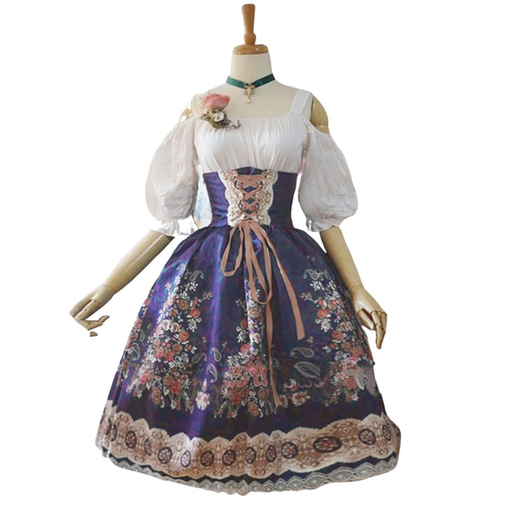 Justerbar stroppkjole Elegant Lolita Princess Style A-linjekjole med blonde blomstertrykk Off Shoulder Design for kvinner