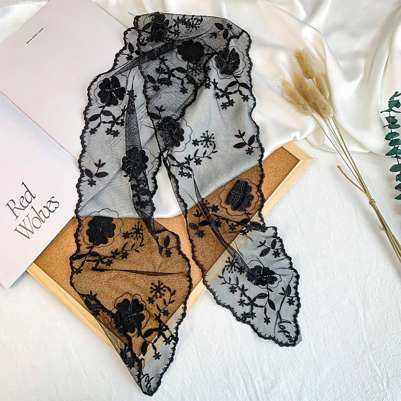 Super fairy retro lace long small silk scarf women's versatile thin small scarf headband streamer