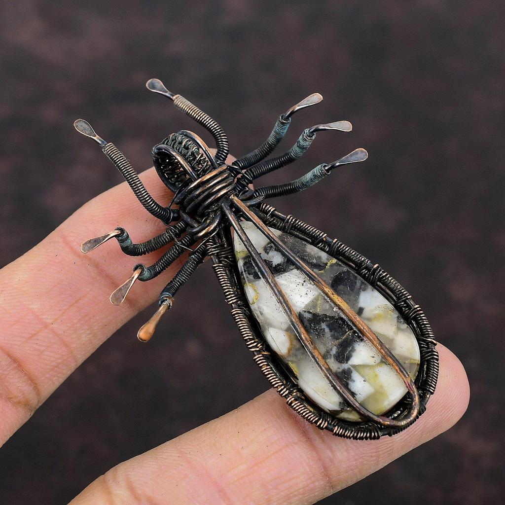 Pandantiv Cupru Negru & Turcoaz Alb Pandantiv cu Piatră Prețioasă Înfășurat în Sârmă de Cupru Pandantiv Păianjen Bijuterii din Cupru Pentru Cadou Pandantiv Designer Handmade