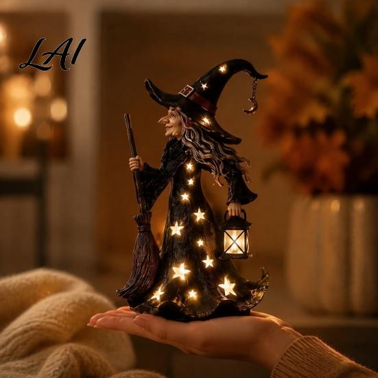 Rustic Festive Desk Accessory Halloween Witch Figurine with Star Light Resin Tabletop Nightlight Lantern Vintage Theme Party Prop Wizard Hat