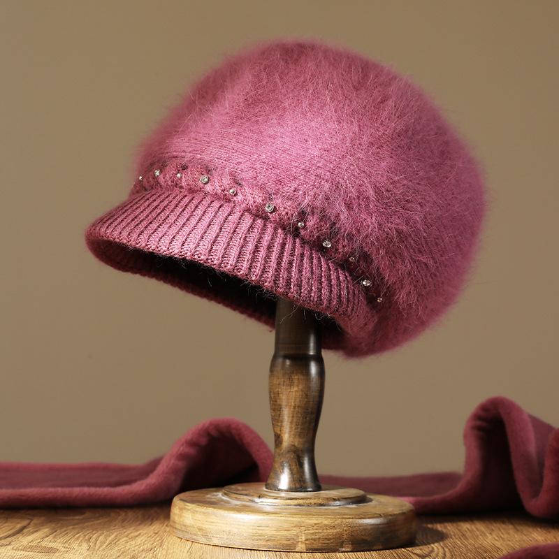 Autumn and Winter New Women's Knitted Hat Winter Thickened Rabbit Fur Medium and Old Hat Fleece Ear Protector Wool Hat