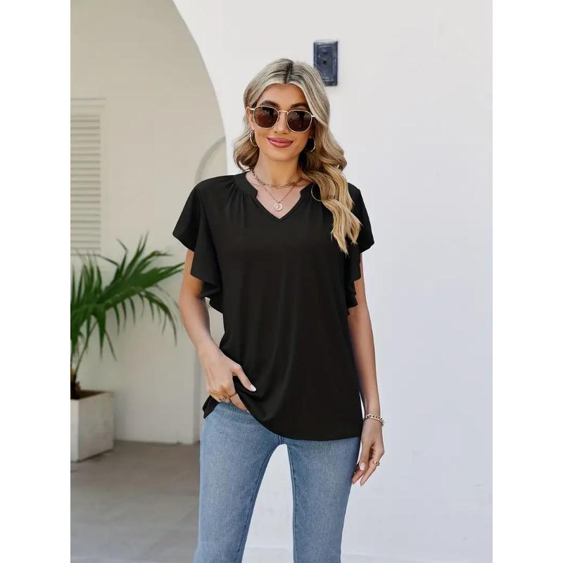 Solid Ruffle Hem Sleeve T-Shirt, Casual V Neck Short Sleeve Summer T-shirt, Women's Clothing