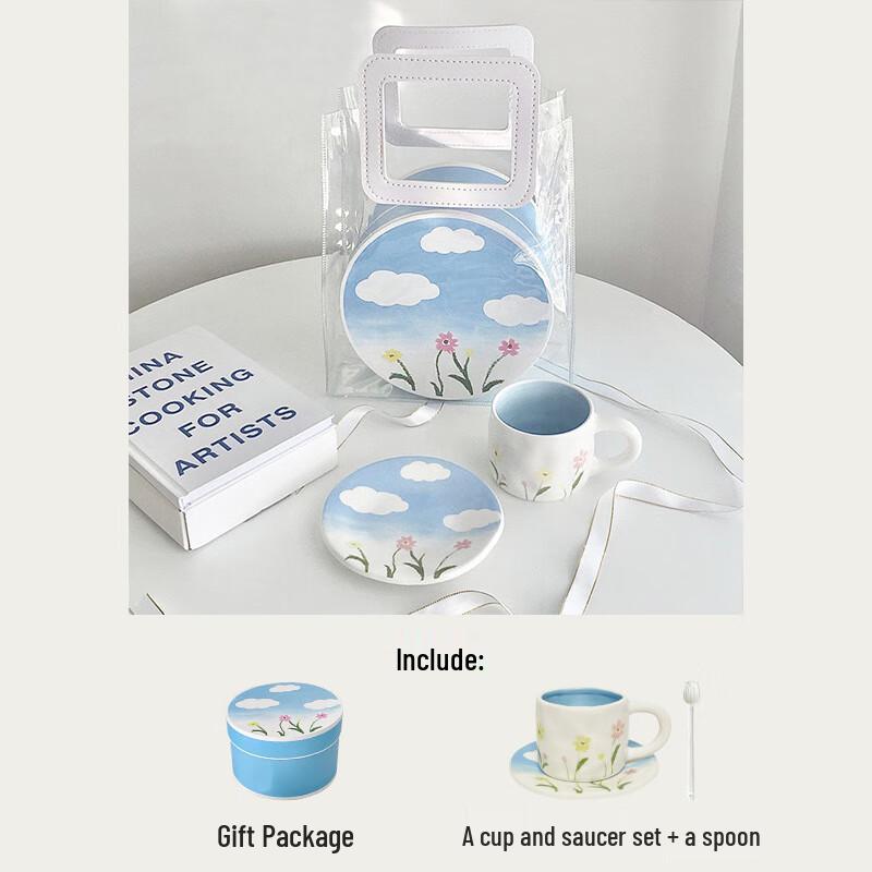 Hand-Pinched Painted Ceramic Coffee Cup and Saucer Set