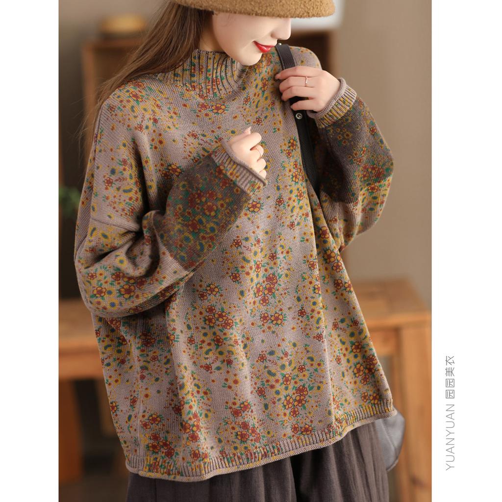 Damen-Pullover-Sweater mit Stehkragen Langarm im Patchwork-Blumendruck Frühling Strick-Damenpullover