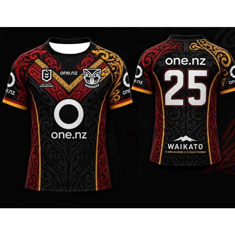 Men's Warriors 25 Rugby Jersey Black Red Gold Maori Tribal Print Short Sleeve Sport Mesh Y2K Oversized Loose Top FamilyMatching