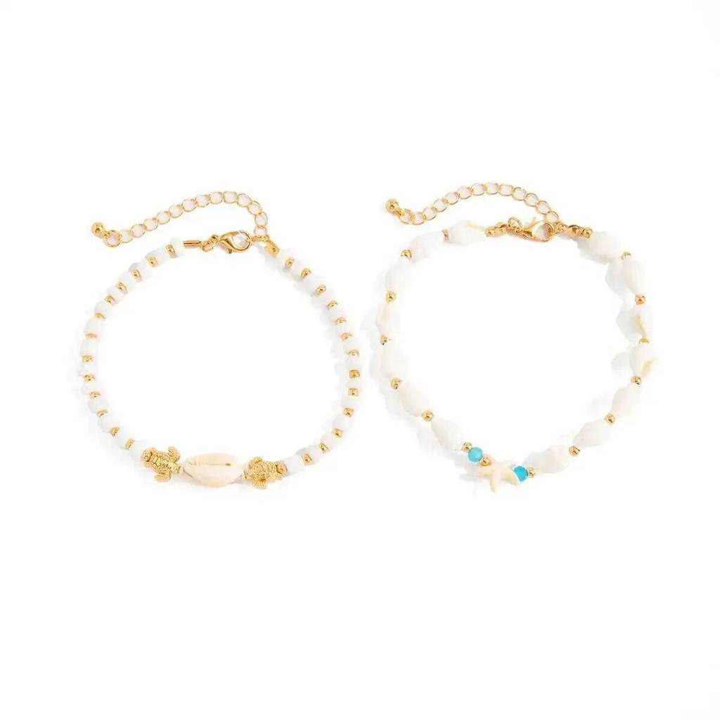 SHIXIN 2Pcs/Set New Bohemia Starfish Conch Anklet Women Vintage Resin Bead Leg Chain Summer Beach Party Barefoot Sandal Jewelry