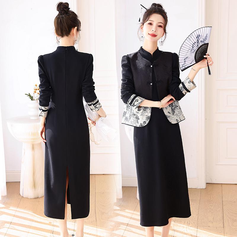 

Women s High-End Zen-Inspired Cheongsam Set, Spring/Autumn Two-Piece National Style Dress M