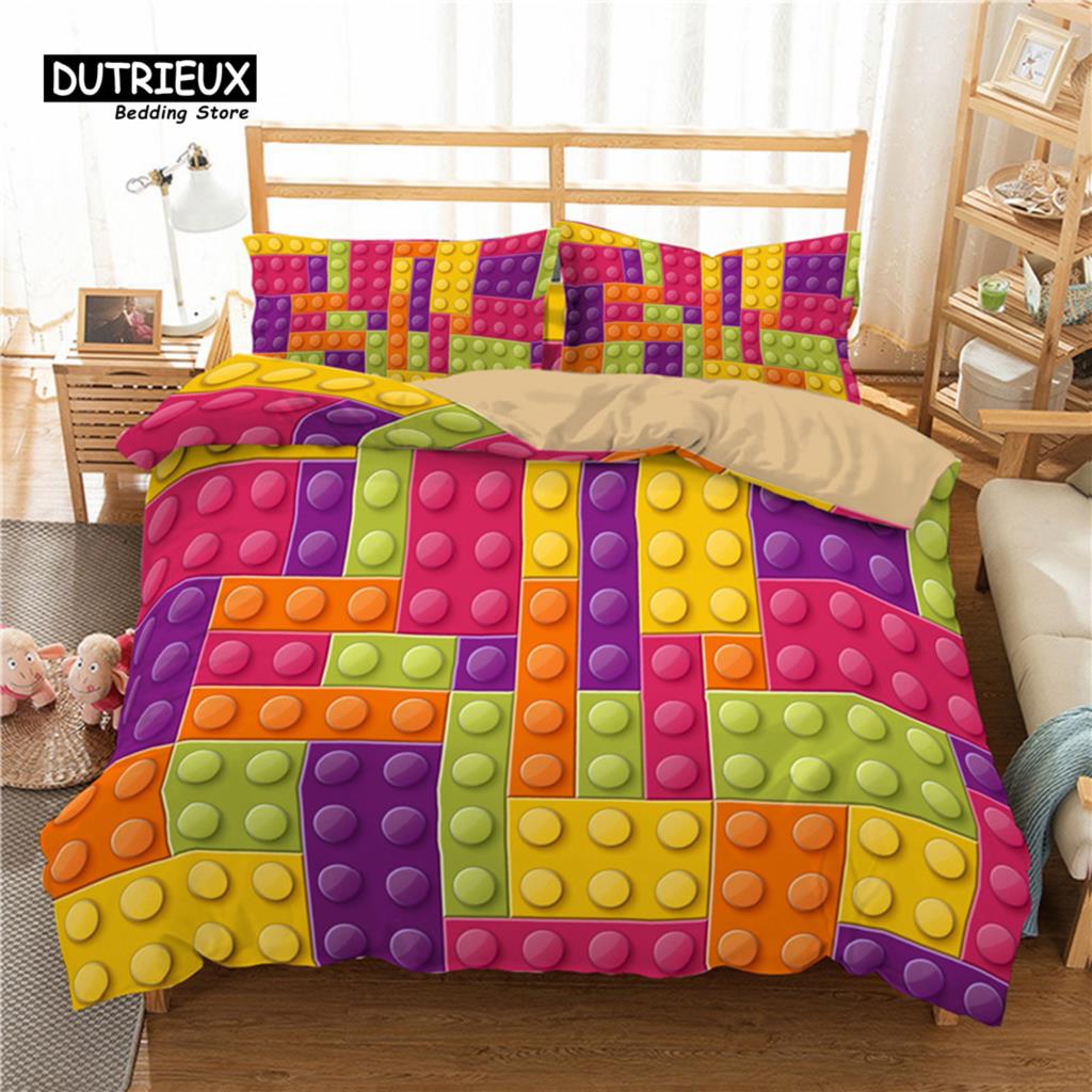 Colorful Toy Duvet Cover Funny Building Blocks Bedding Set With Pillowcases For Toddler Kids Teens Boys Girls Gift Bedroom Decor
