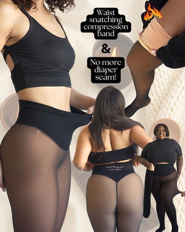 

New Single-Seam Design, Fleece-Lined Warm Leggings, One Size Fits All, Black, Closed-Leg Fleece-Lined Tights. One Size