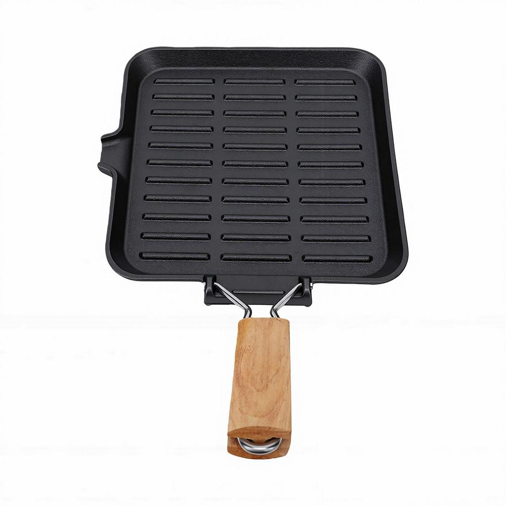 Grill Pan with Groove Foldable Handle Square Safe Enamel Coating Cast Iron Grill Pan for Steak Vegetables