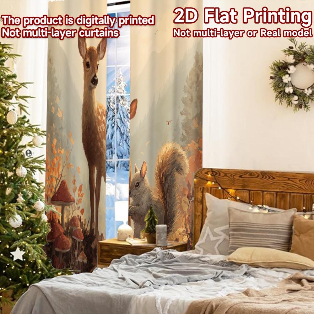2pcs   2D FLAT PRINTING Curtains (Without Rod) Forest Companions Minimalist holiday curtains Versatile Polyester Curtains Holiday