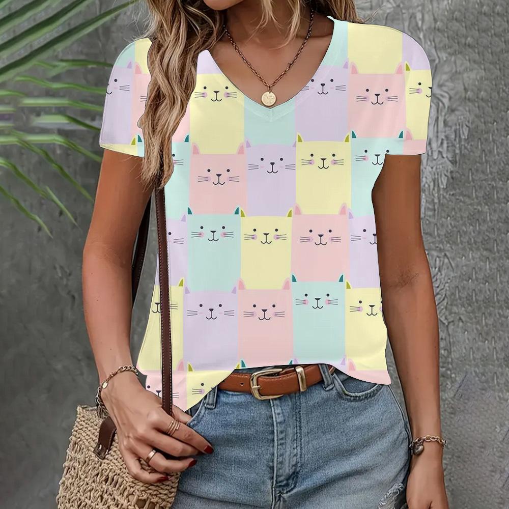 Summer New T-shirt Women's Clothing Loose Casual Short Sleeve Fashion Cat Print Top V-neck Elegant Clothing Women's T-shirt 2024